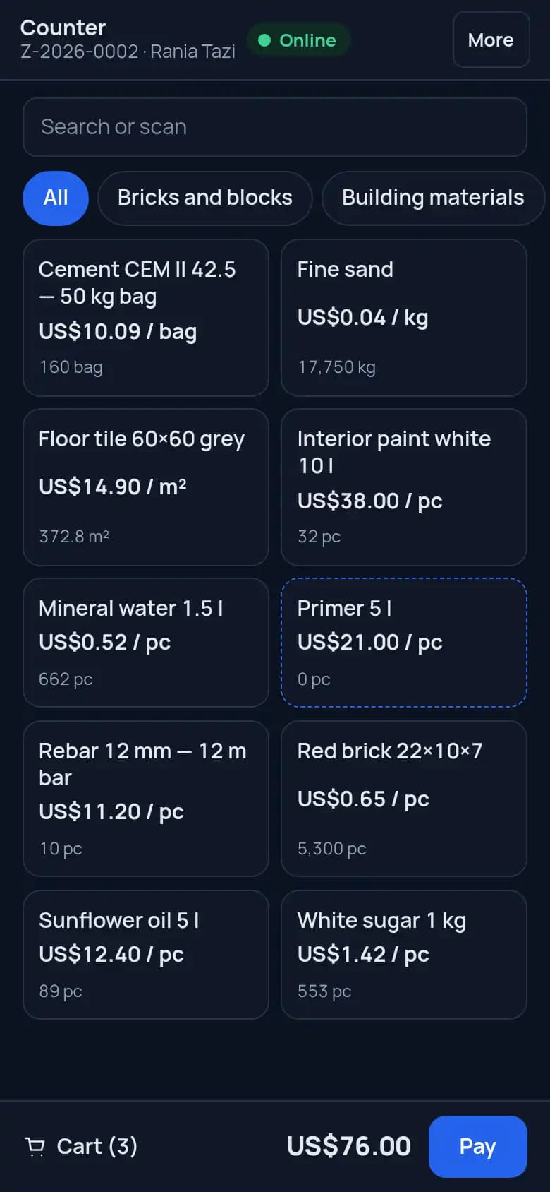 The counter: tap the products, take the payment, print the ticket.