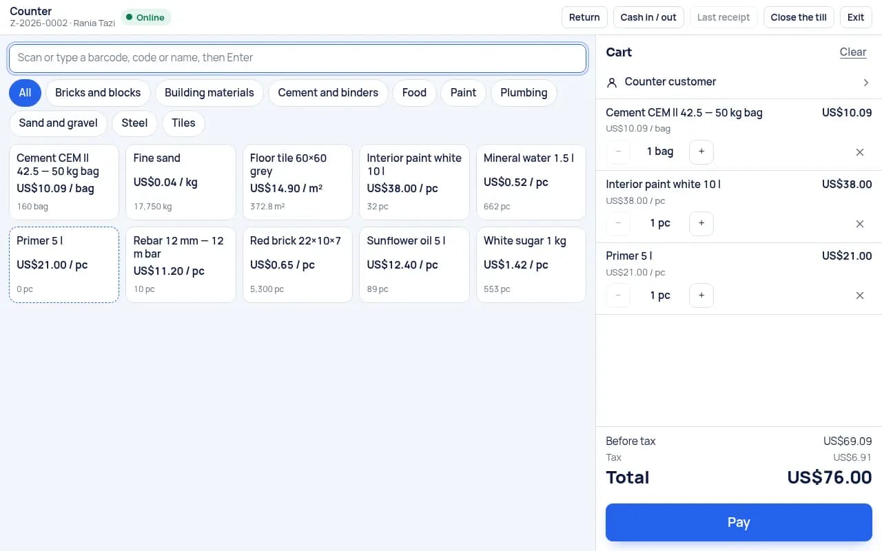 The counter: tap the products, take the payment, print the ticket.