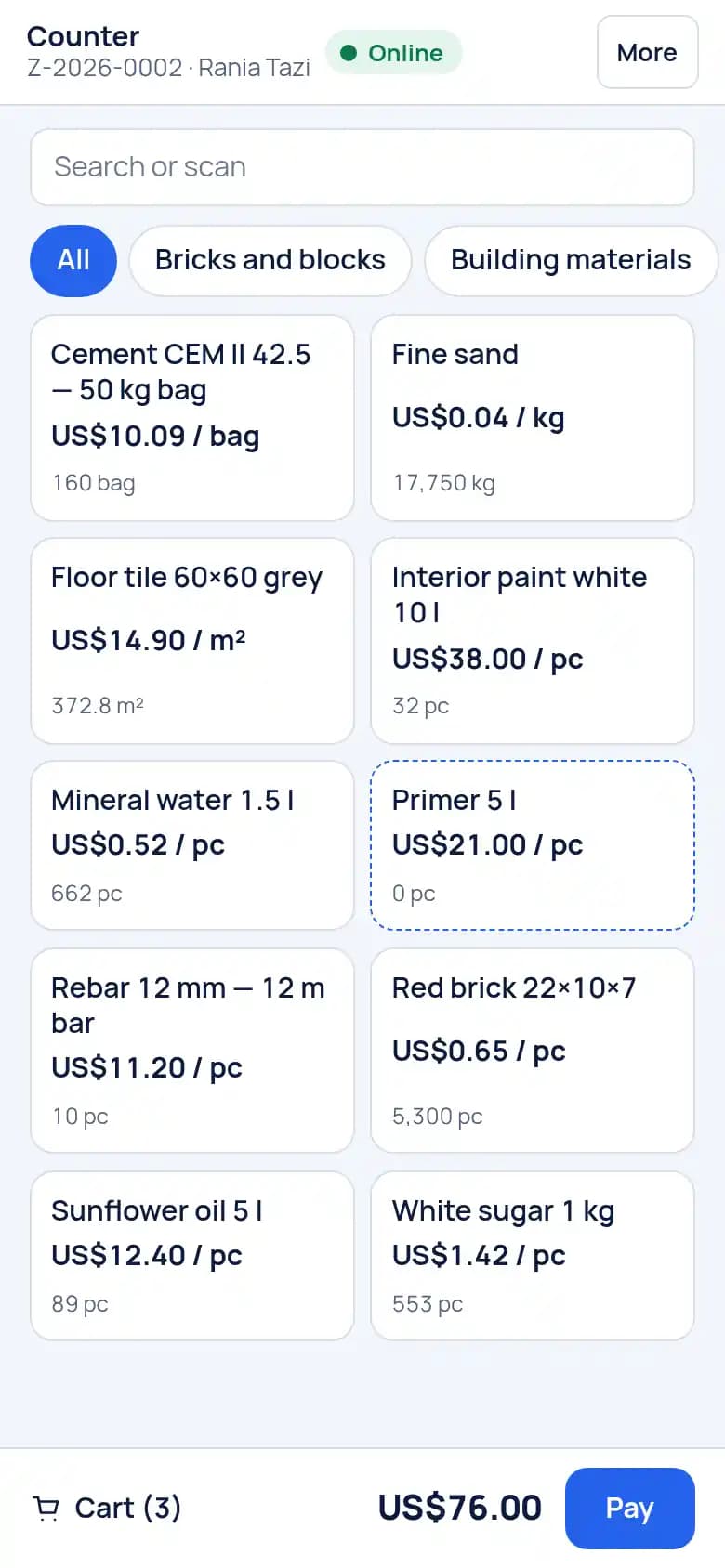 The counter: tap the products, take the payment, print the ticket.