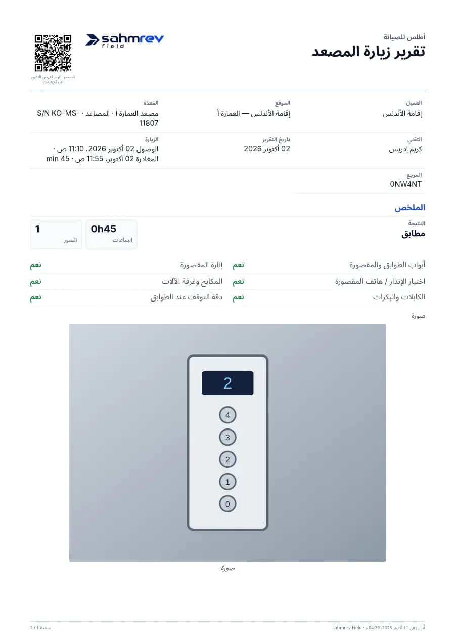 تقرير خدمة موقّع بصيغة PDF من sahmrev Field، فيه الأعمال المنجزة والصور وتوقيع العميل