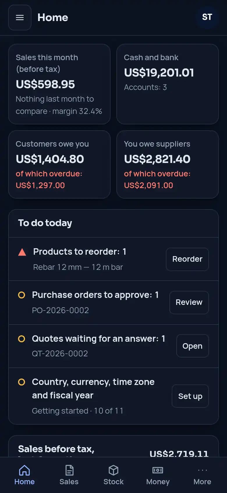 Commerce, the first screen of the day: sales, cash and bank, who owes you, what to reorder