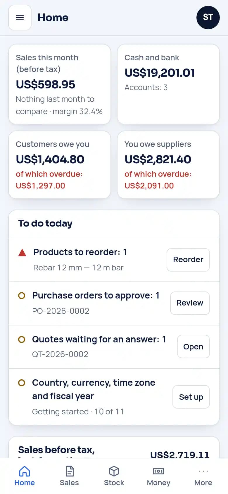 Commerce, the first screen of the day: sales, cash and bank, who owes you, what to reorder