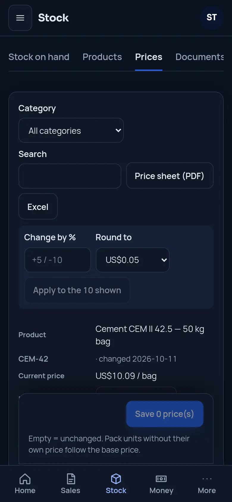 Reprice a whole category at once · Building materials