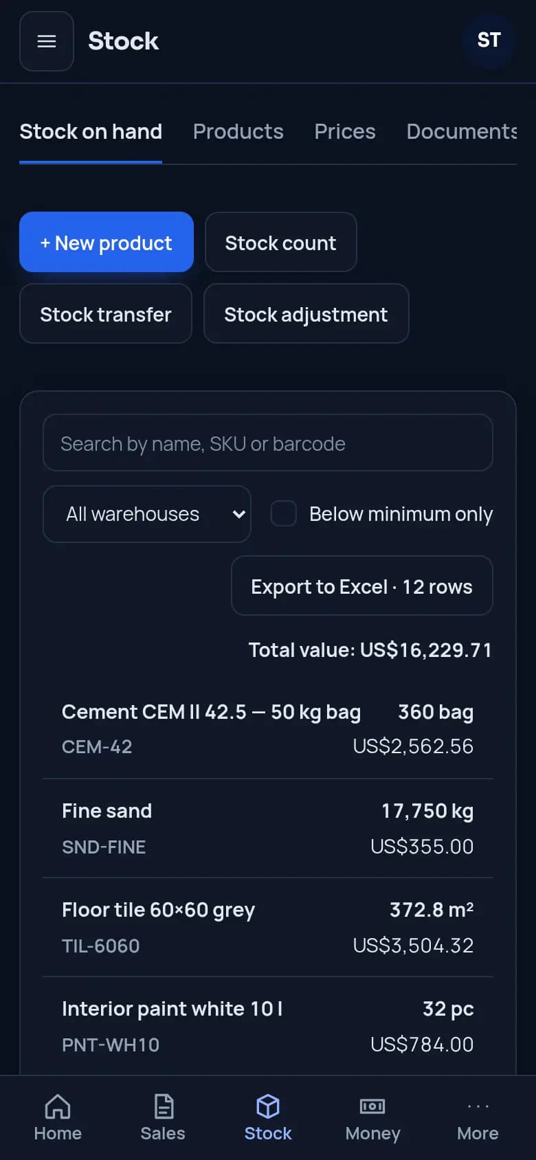 Stock on hand by warehouse, with the minimum next to it.
