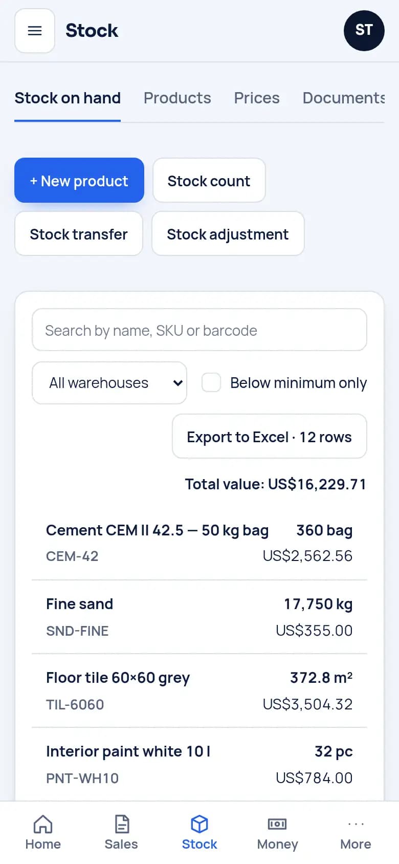 Stock on hand by warehouse, with the minimum next to it.
