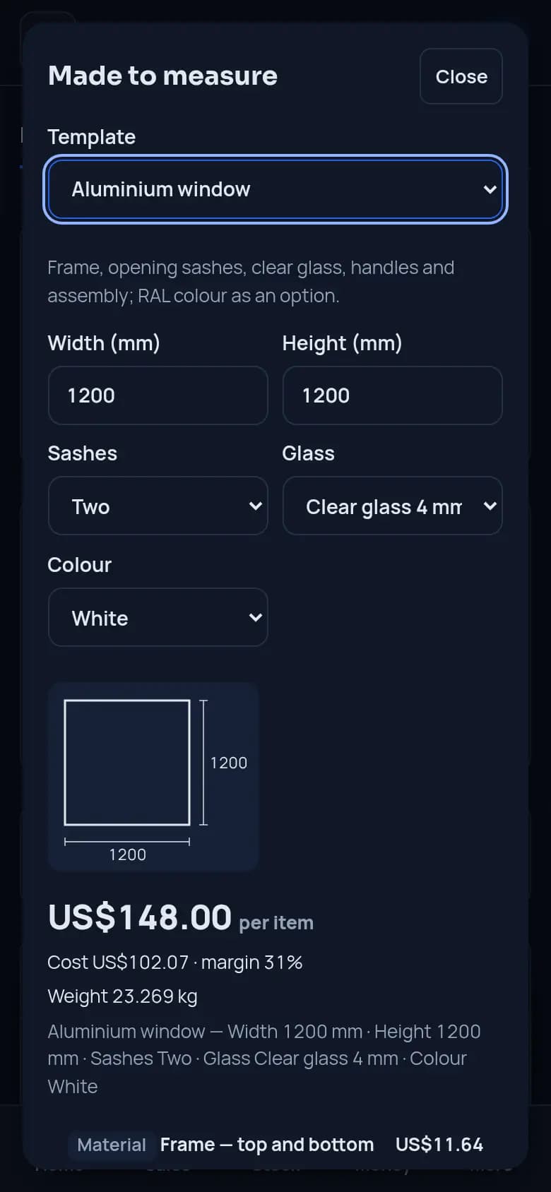 Price a window to measure · Aluminium joinery