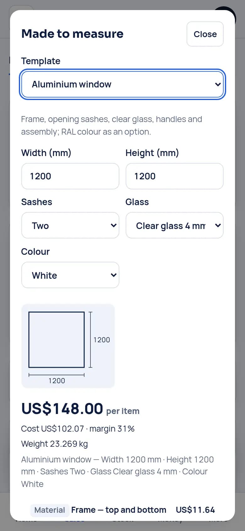 Price a window to measure · Aluminium joinery