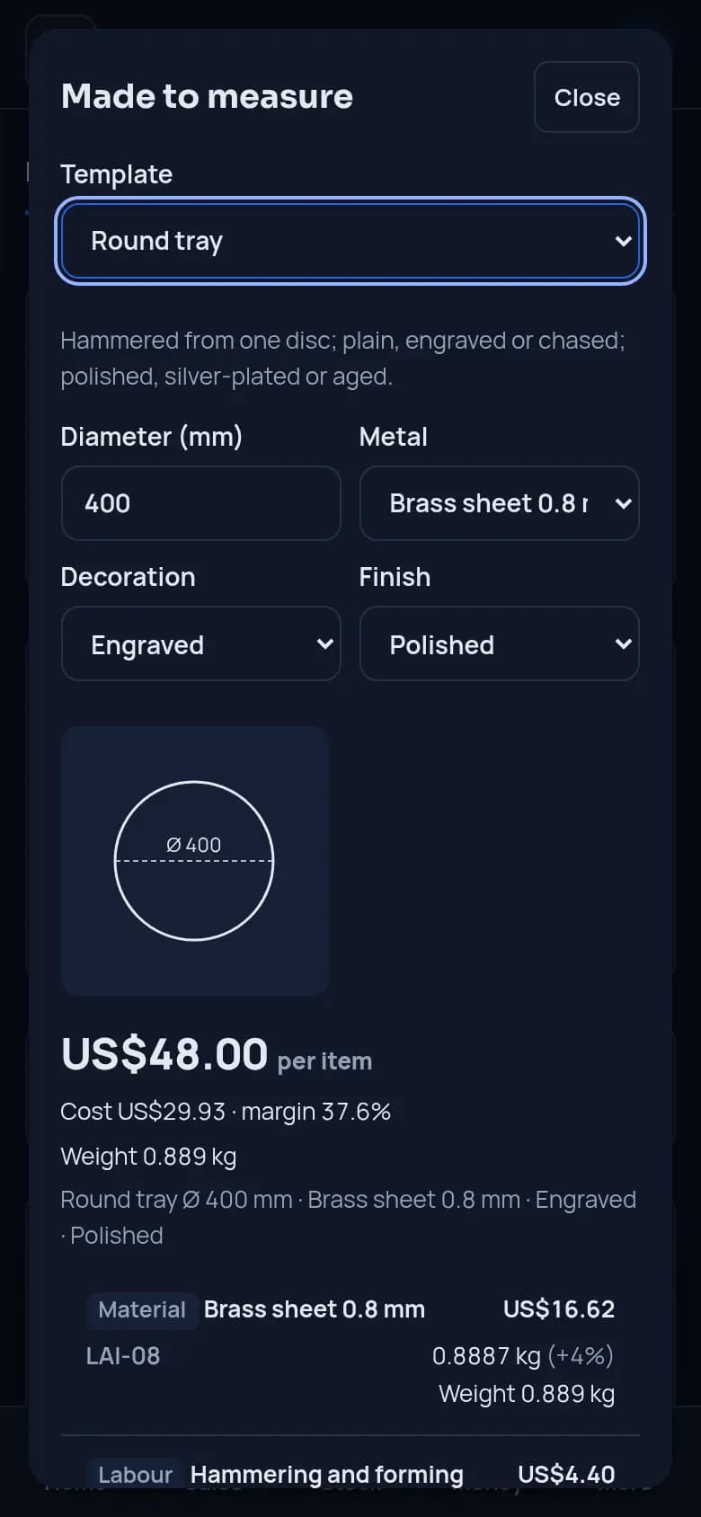 Price a tray to measure · Copper craft