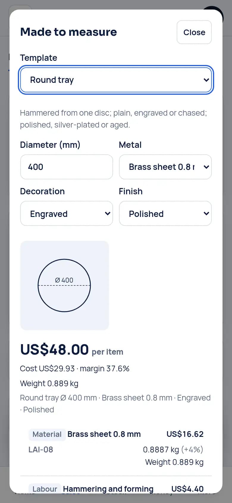 Price a tray to measure · Copper craft