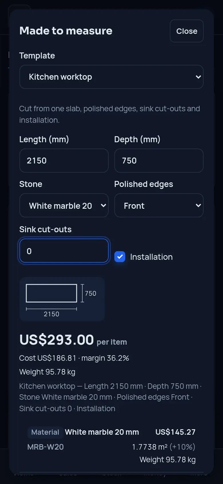 Price a worktop to measure · Stone workshop