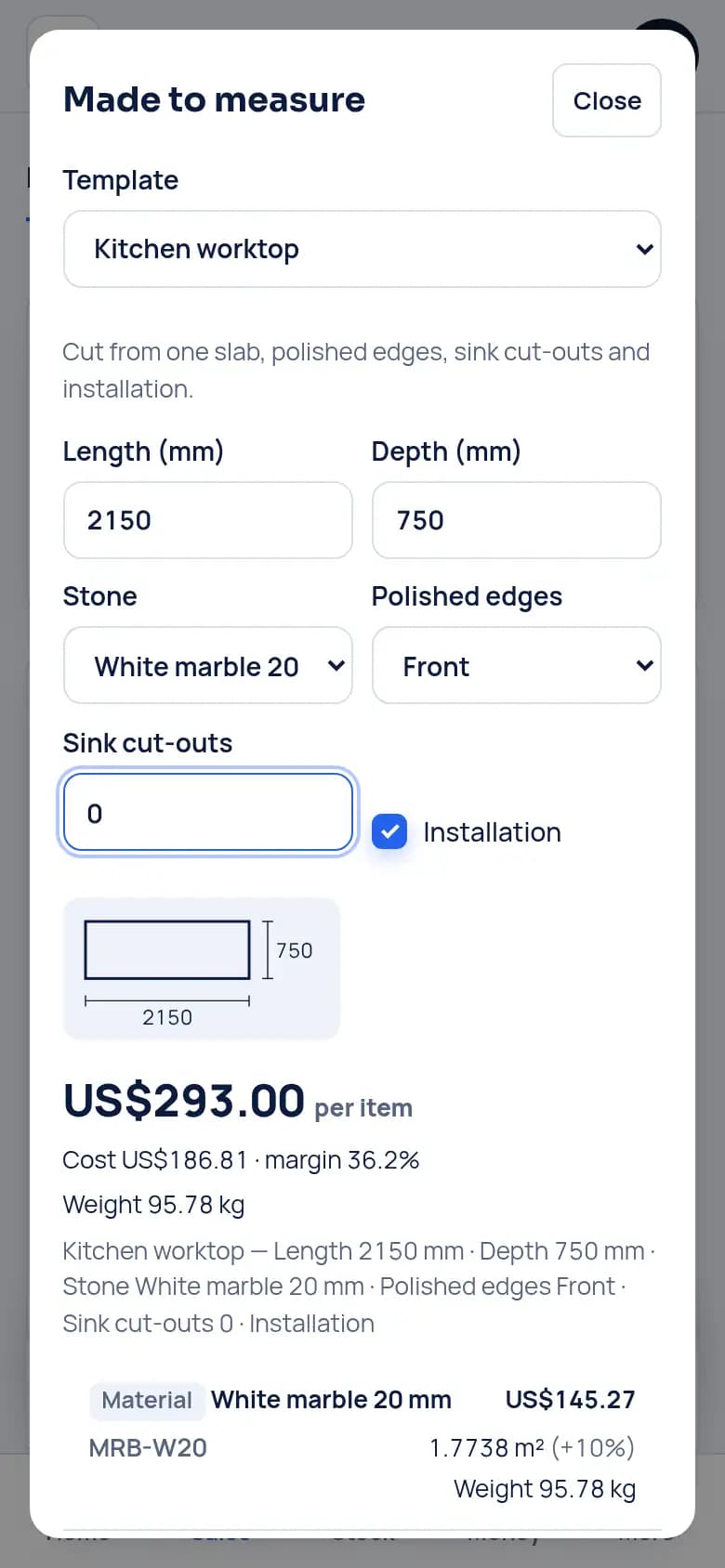 Price a worktop to measure · Stone workshop