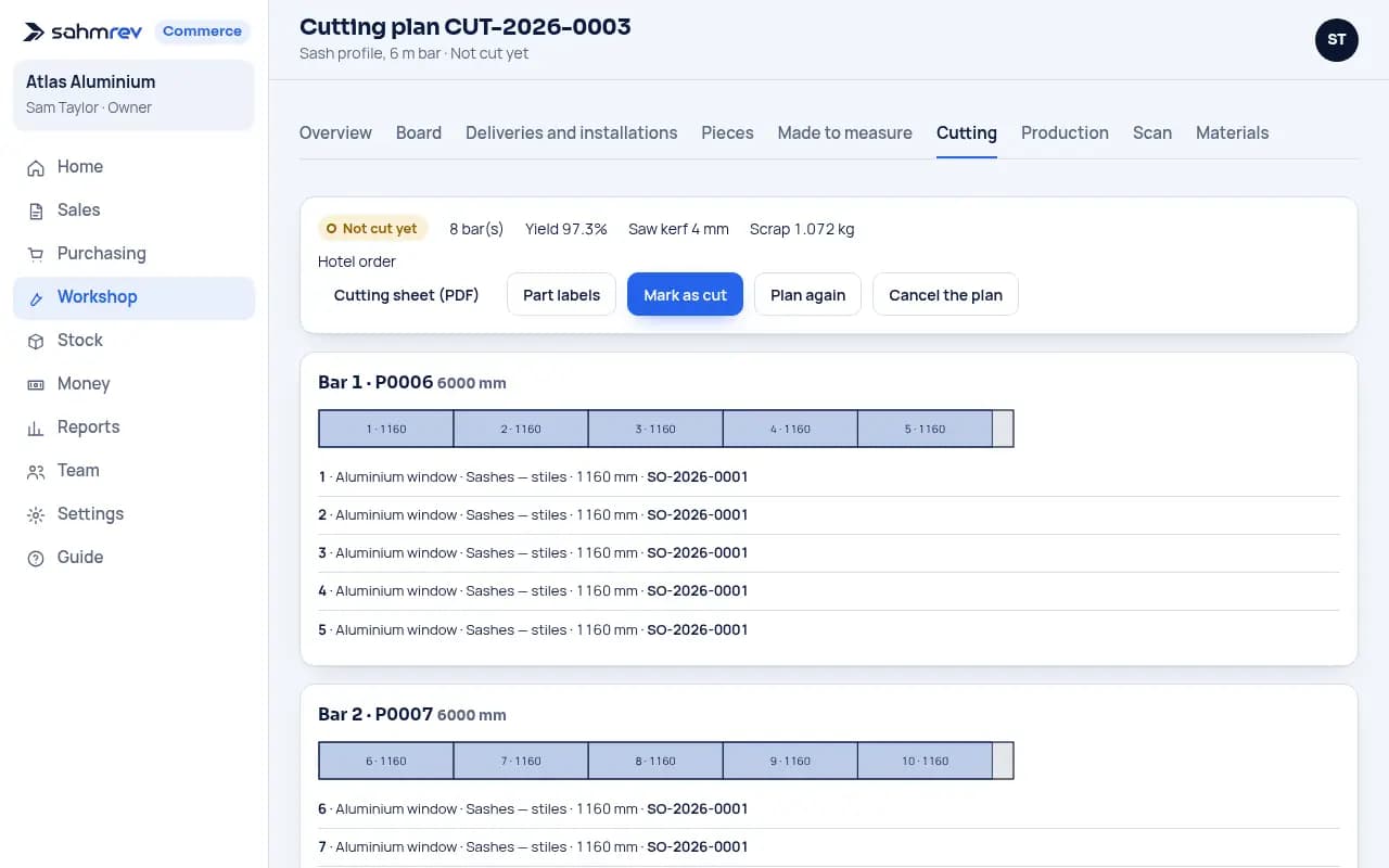 Plan the cuts on each bar · Aluminium joinery