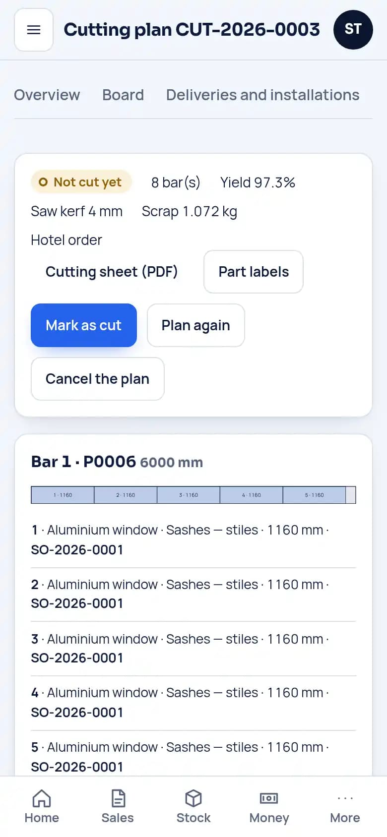 Plan the cuts on each bar · Aluminium joinery