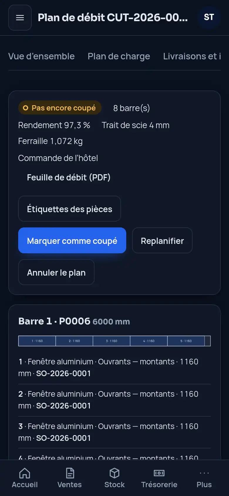 Planifiez le débit de chaque barre · Menuiserie aluminium