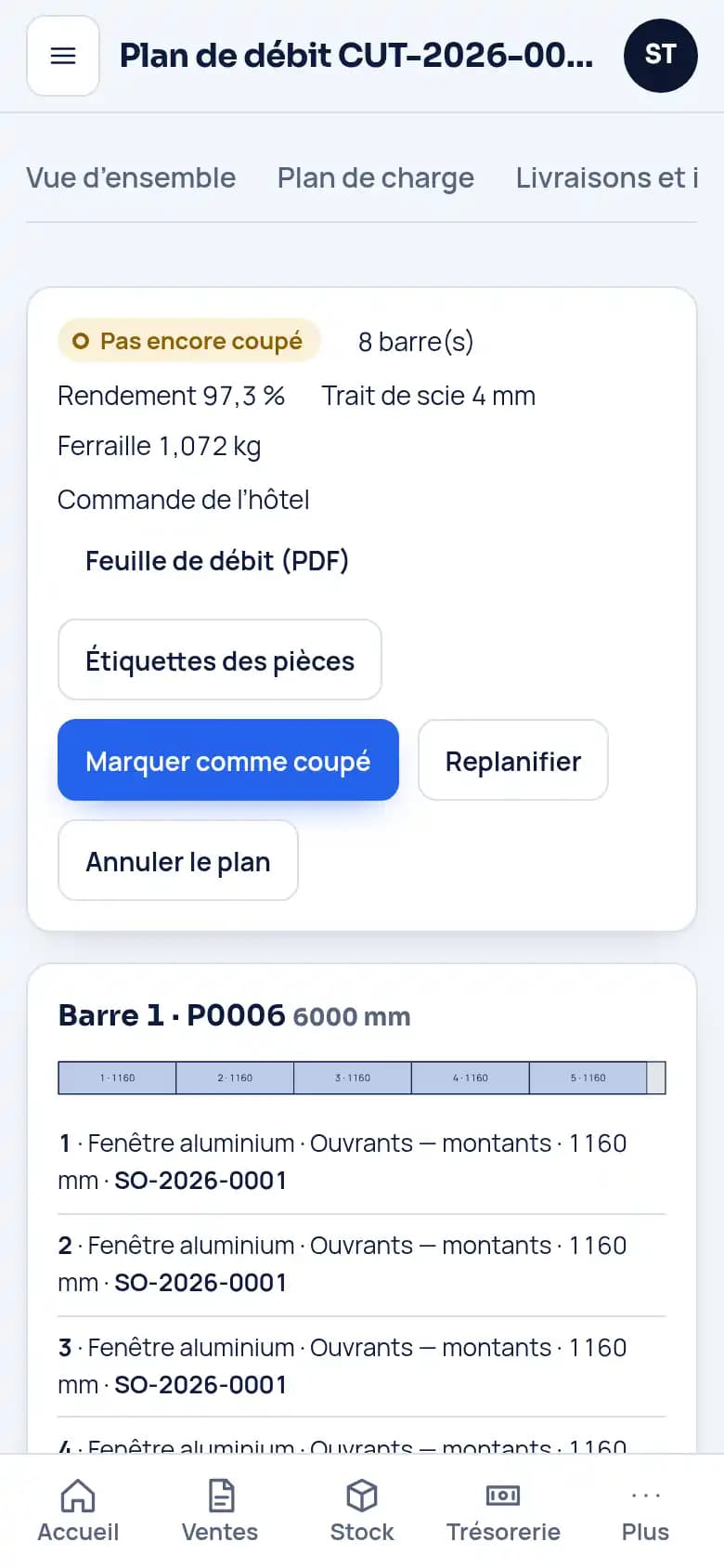 Planifiez le débit de chaque barre · Menuiserie aluminium