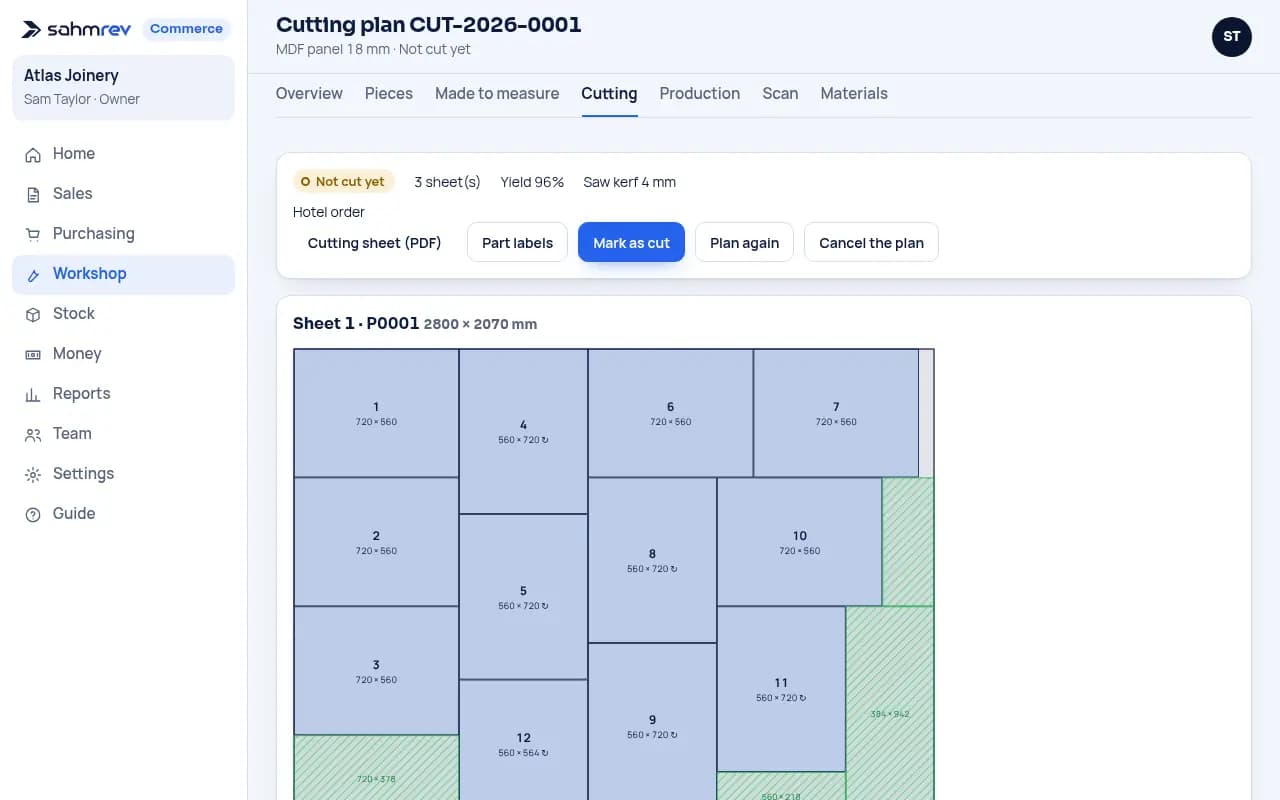 Use offcuts before full panels · Wood joinery