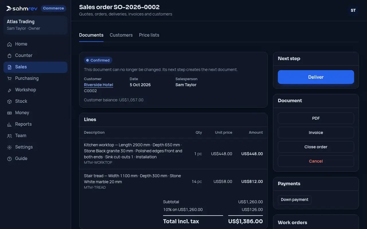 Deliver, invoice and pay · Stone workshop