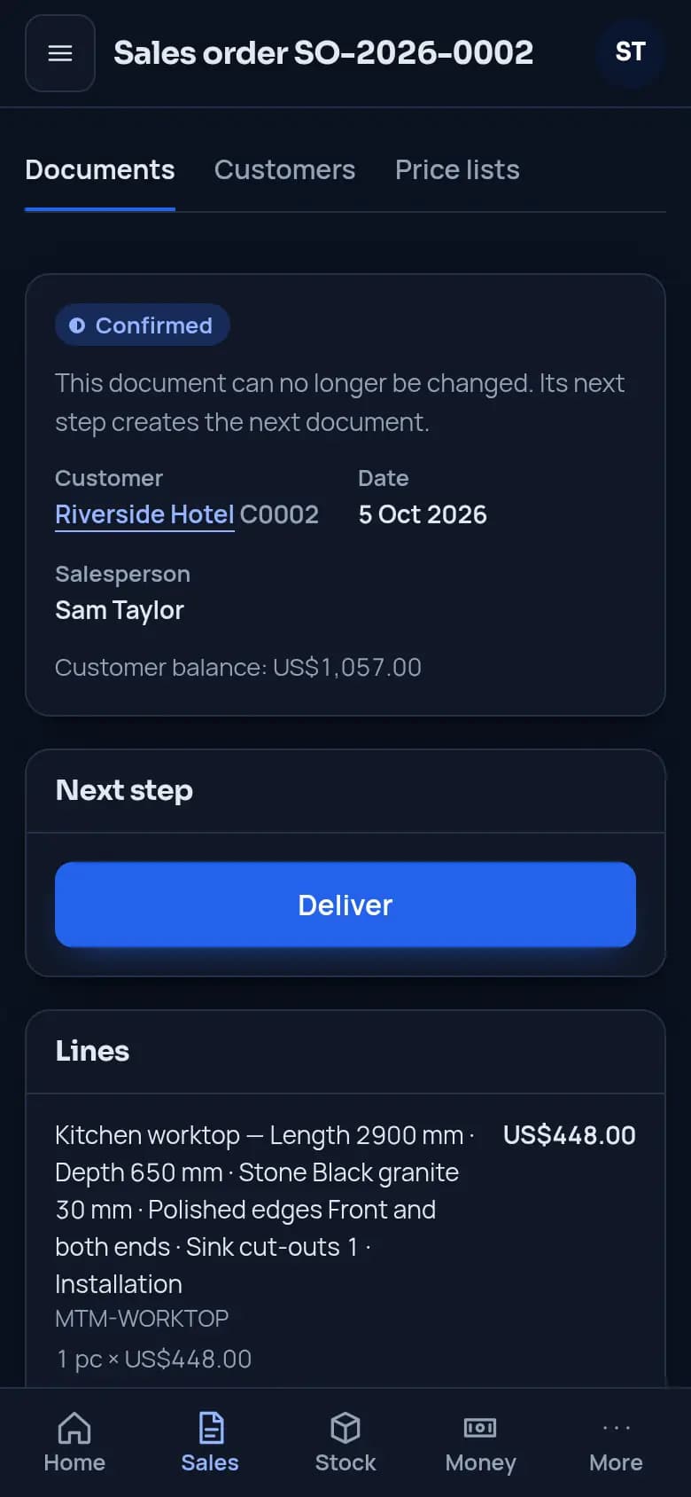 Deliver, invoice and pay · Stone workshop