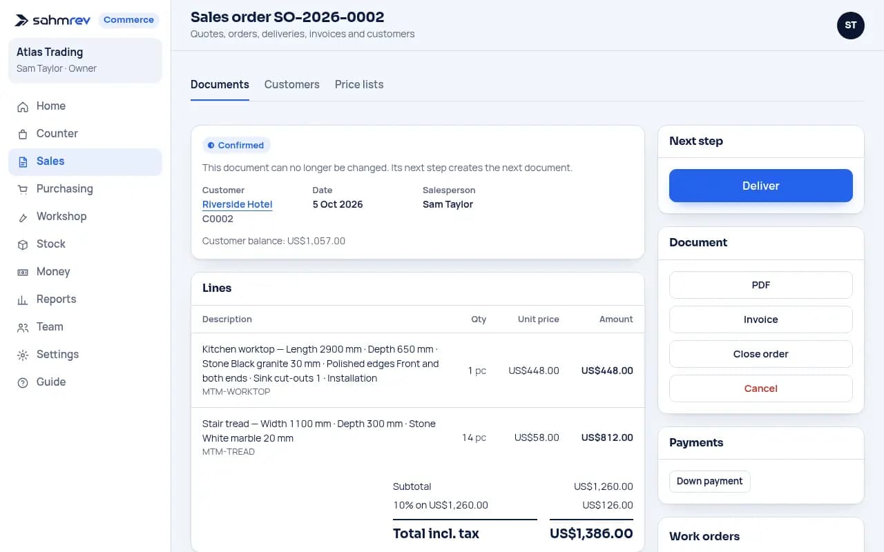 Deliver, invoice and pay · Stone workshop