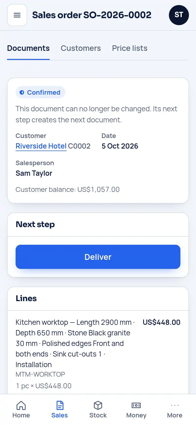 Deliver, invoice and pay · Stone workshop