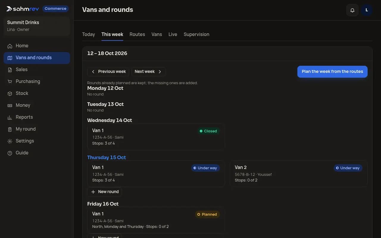 Commerce’s “Vans and rounds” screen with this week’s rounds by day and van