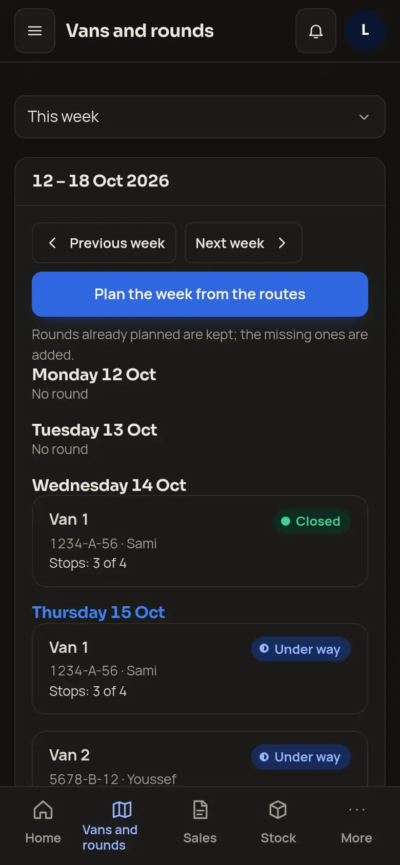 Commerce’s “Vans and rounds” screen with this week’s rounds by day and van