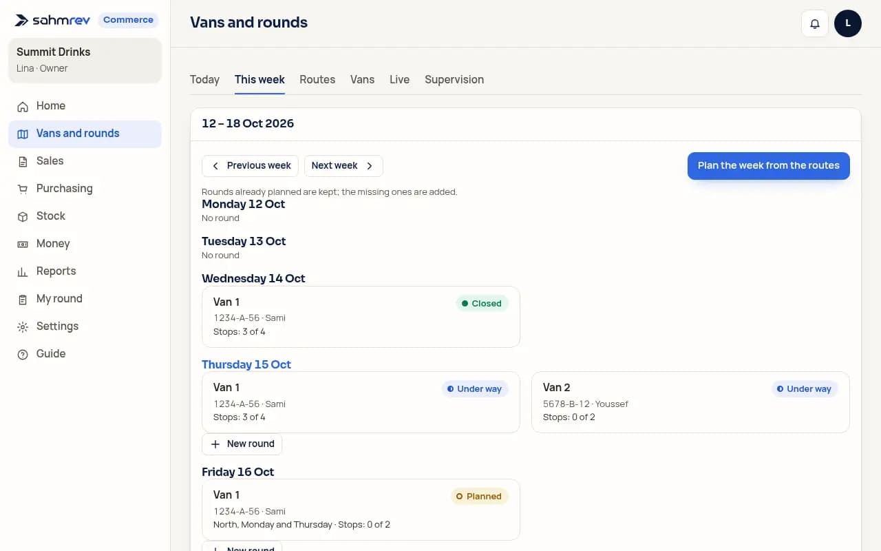 Commerce’s “Vans and rounds” screen with this week’s rounds by day and van