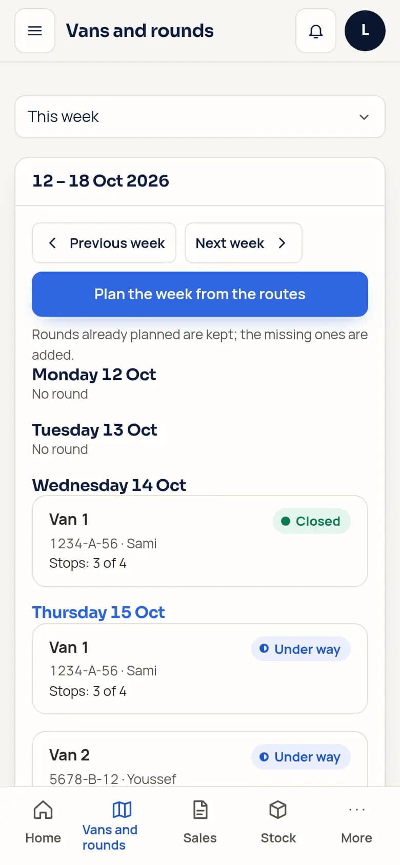 Commerce’s “Vans and rounds” screen with this week’s rounds by day and van