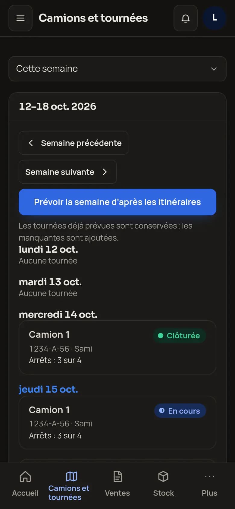 L’écran « Camions et tournées » de Commerce, avec les tournées de la semaine par jour et par camion