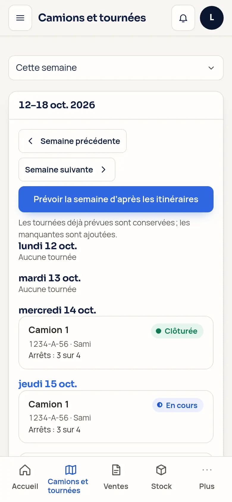 L’écran « Camions et tournées » de Commerce, avec les tournées de la semaine par jour et par camion