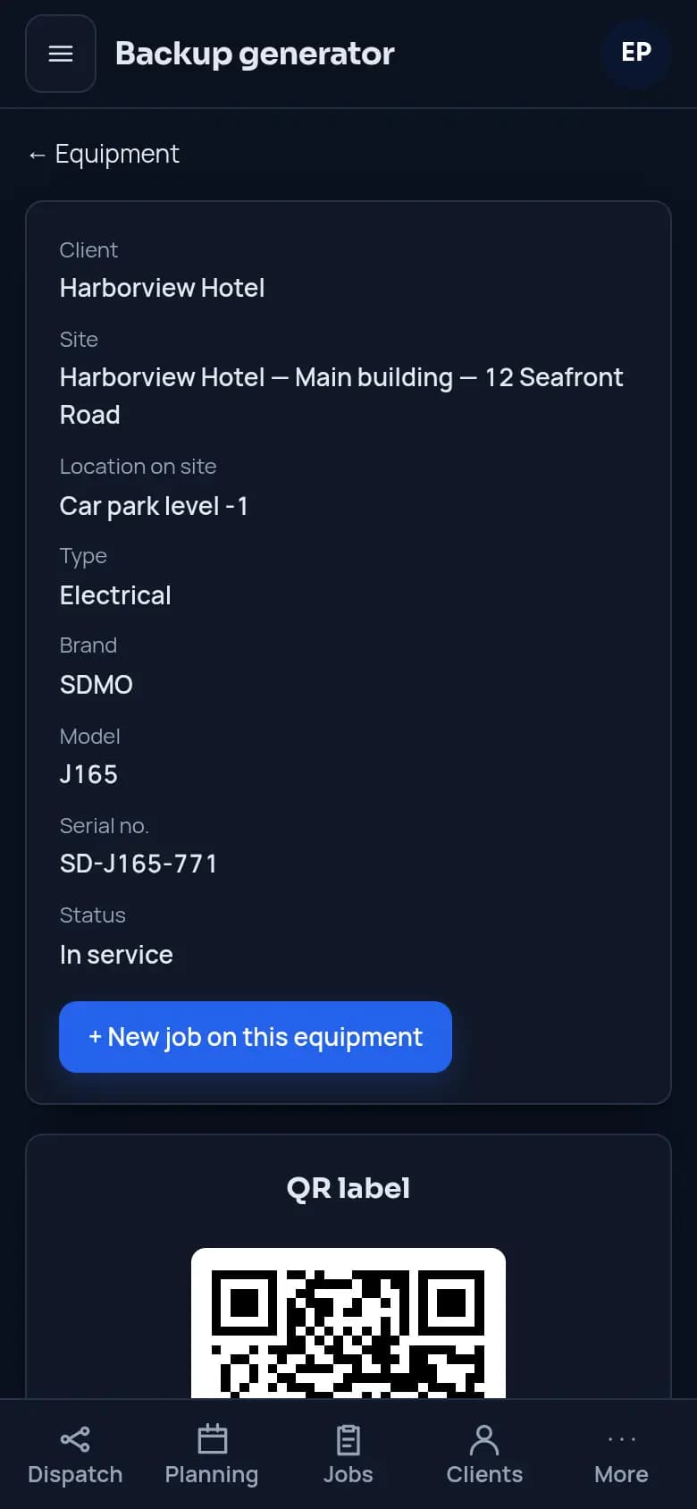 An equipment record with its QR label and visit history.