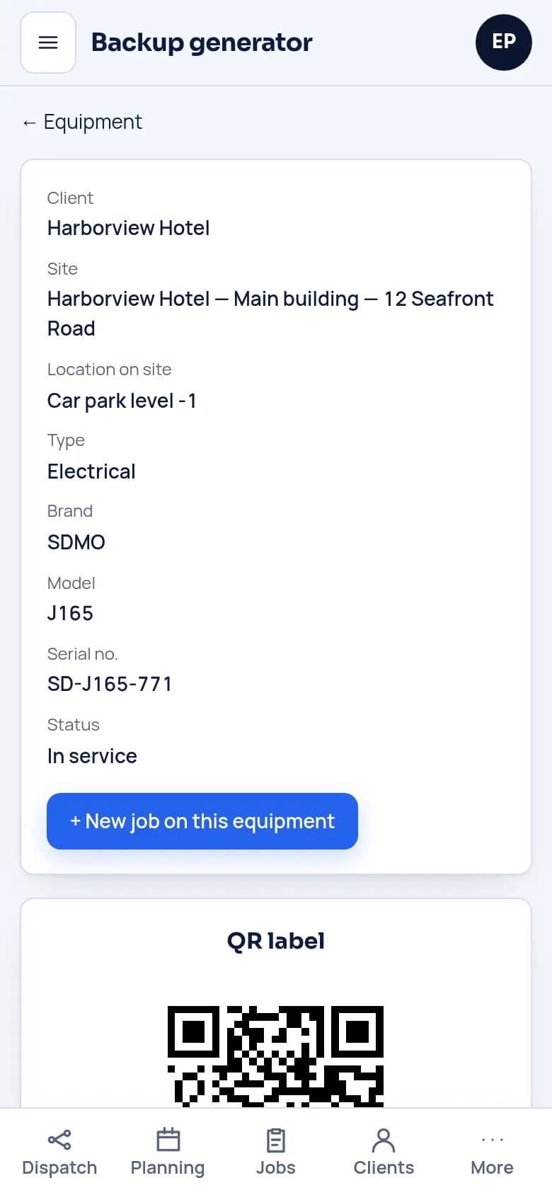 An equipment record with its QR label and visit history.
