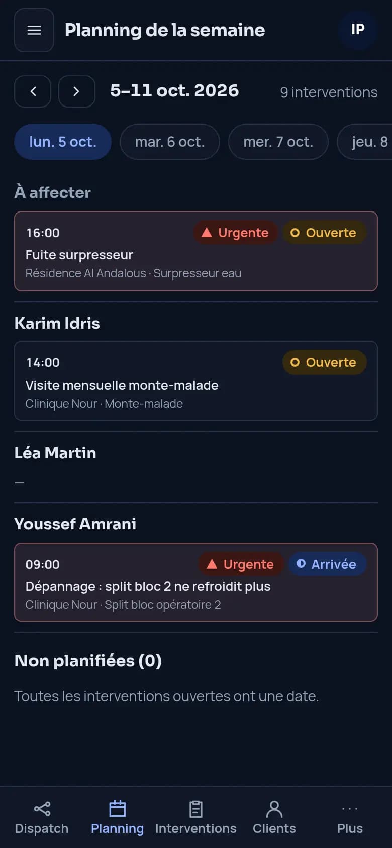 Le planning de la semaine dans Field, par technicien