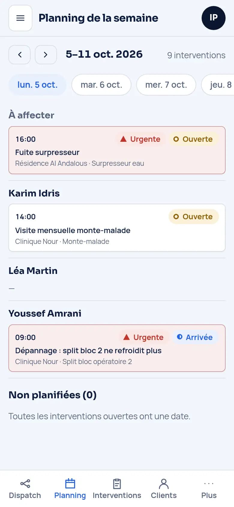 Le planning de la semaine dans Field, par technicien