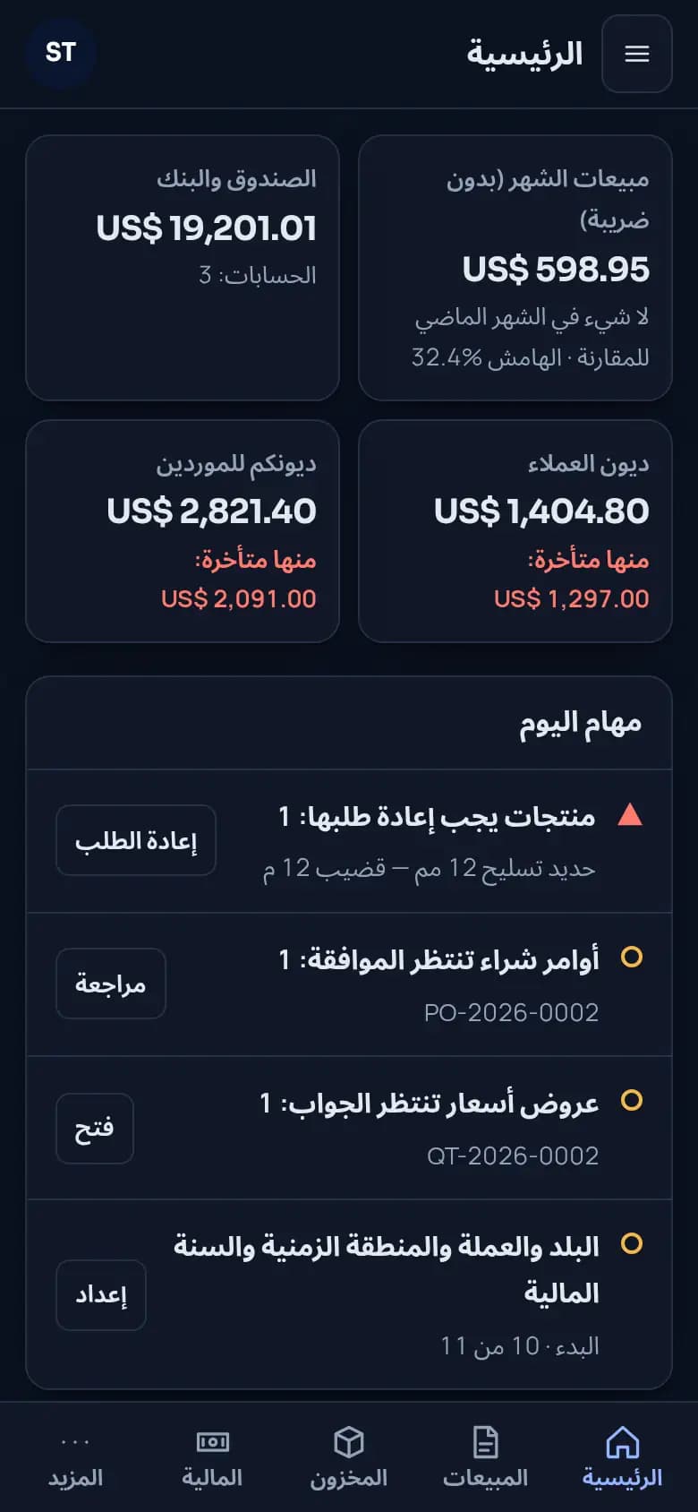 Commerce، أول شاشة في اليوم: المبيعات، الصندوق والبنك، من يدين لكم، وما يجب إعادة طلبه