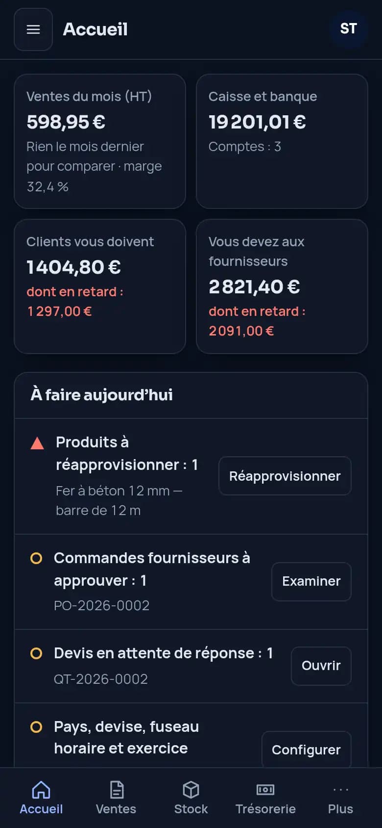Commerce, le premier écran de la journée : ventes, caisse et banque, qui vous doit quoi, ce qu’il faut réapprovisionner
