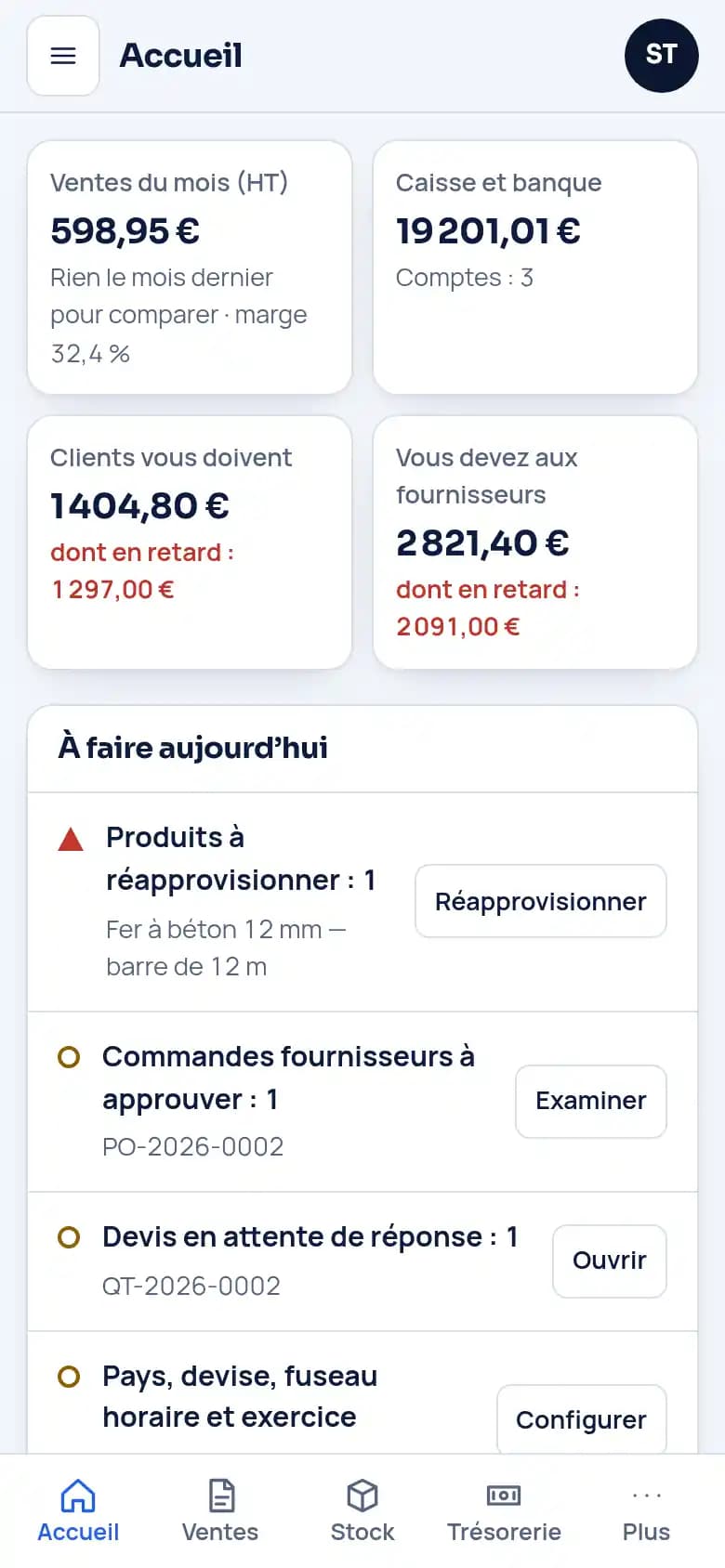 Commerce, le premier écran de la journée : ventes, caisse et banque, qui vous doit quoi, ce qu’il faut réapprovisionner
