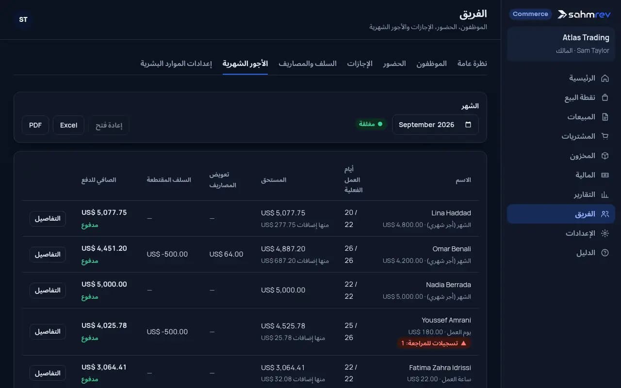 أجور الشهر للفريق كله، مُغلقة ومدفوعة.