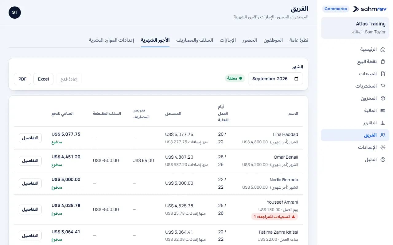 أجور الشهر للفريق كله، مُغلقة ومدفوعة.