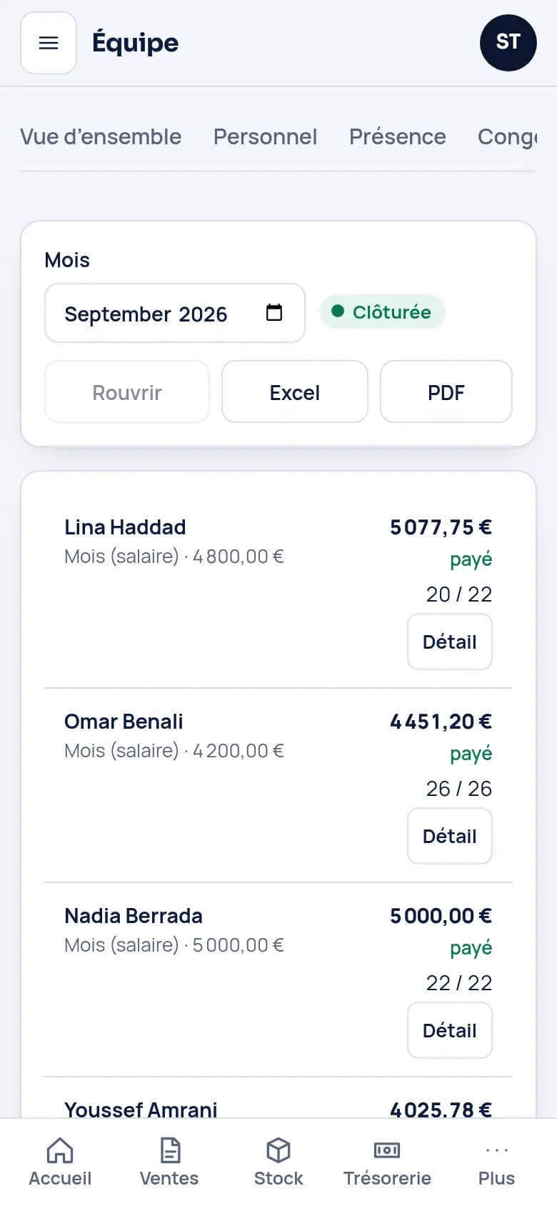 La paie du mois de toute l’équipe, clôturée et payée.