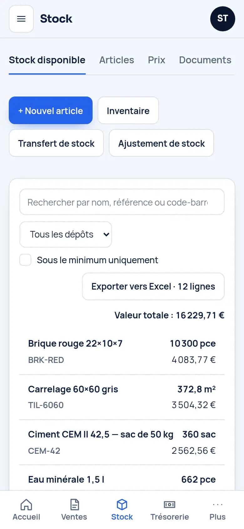 Connaissez votre stock au magasin et au parc · Matériaux de construction