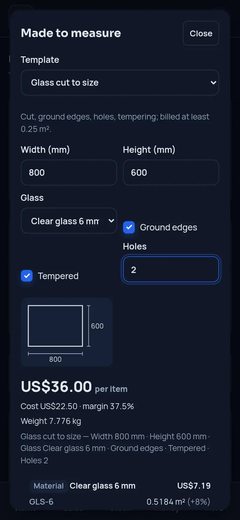 Price a pane to measure · Glass