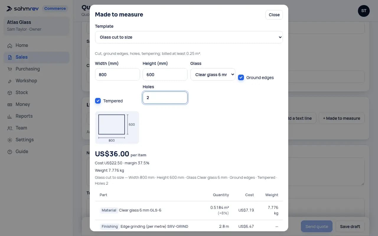 Price a pane to measure · Glass