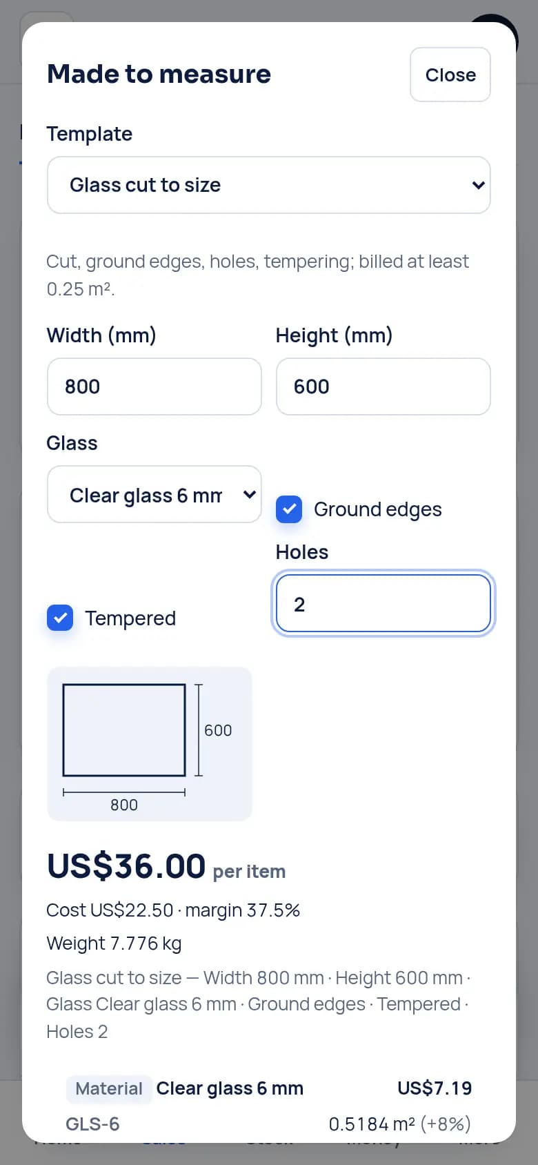 Price a pane to measure · Glass
