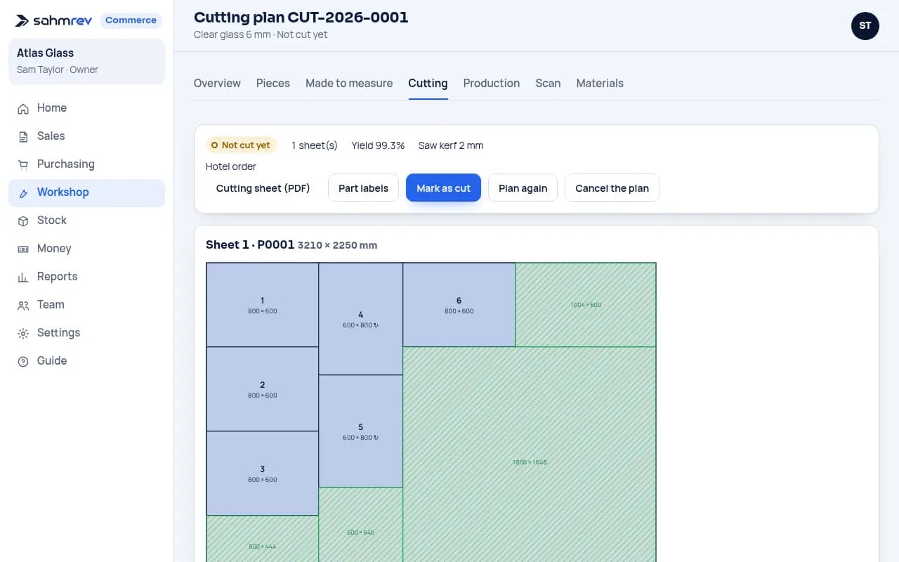 Use offcuts before full sheets · Glass